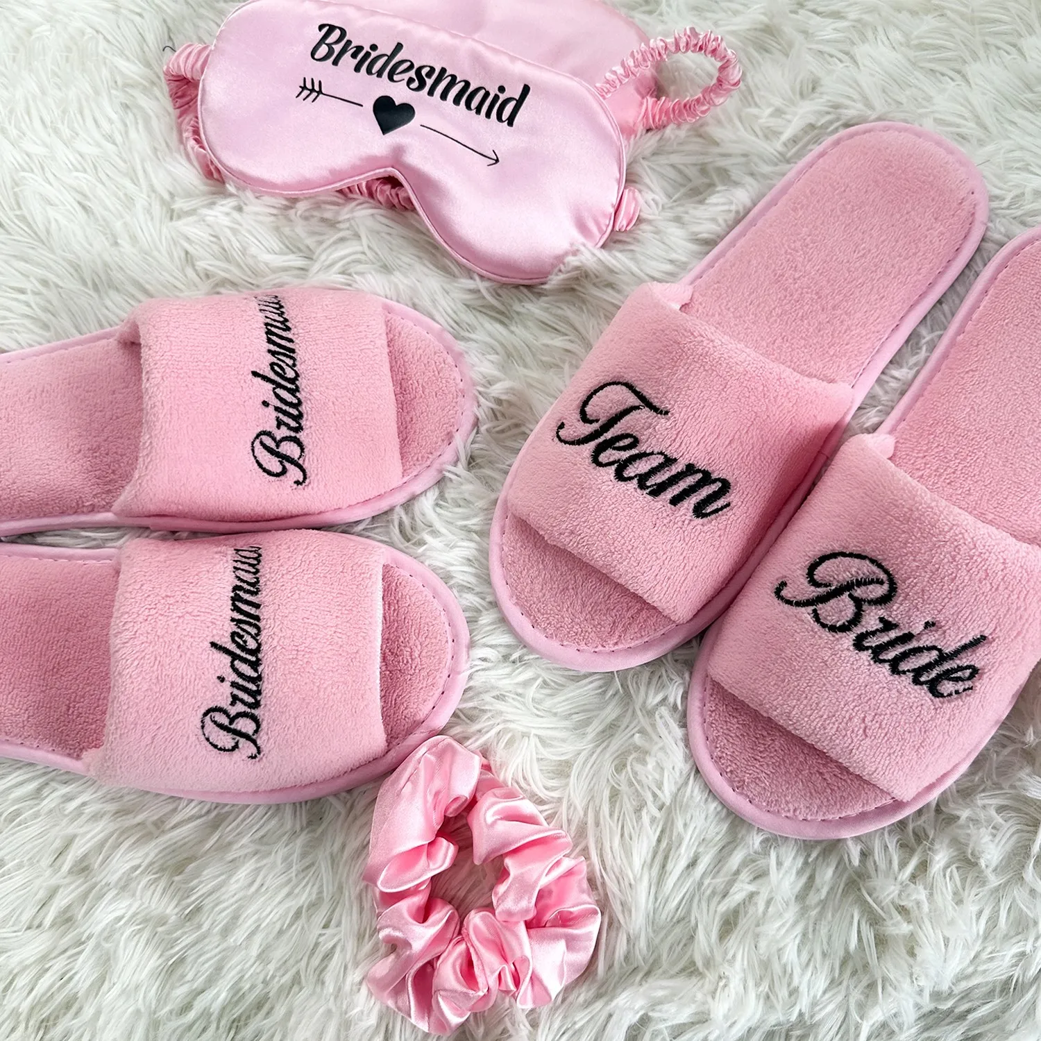 Pink Bridesmaid & Team Bride, Wedding Party Guests Home Slip On Shoes Bridal Party Slippers Set, Open-toe With Black Embroidery