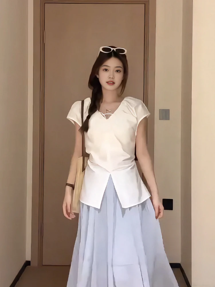 

plus Size Women's Korean Sle Knot V-Ne irt Slimming Waist Design Summer Trendy Top Casual Comfortable Fit