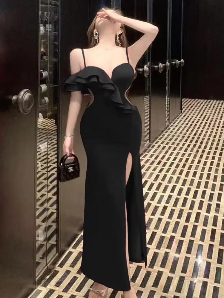

Summer Black Sexy V Neck Elegant Ruffles Split Slip Dress Women Red Sleeveless Backless Birthday Party Evening Long Dress Simple