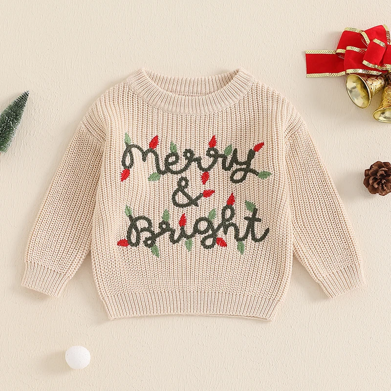 2024-07-02 Lioraitiin Toddler Baby Christmas Sweater Letter Embroidery Crew Neck Long Sleeve Pullovers