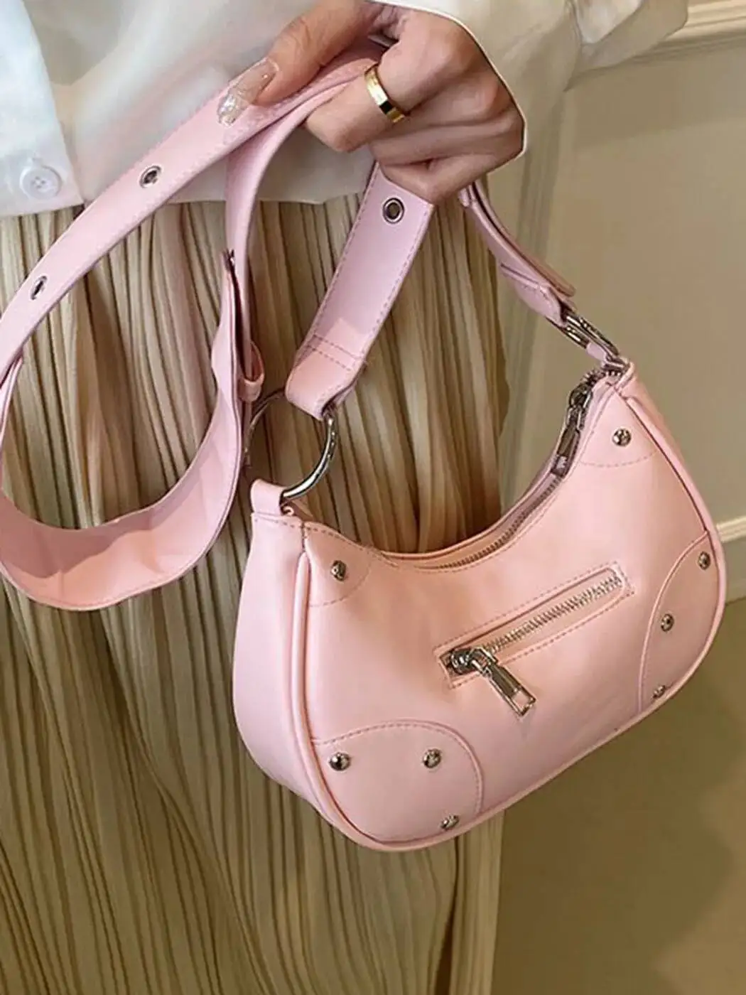 

Bloom Y2k Grunge Rivet Hobos Women 2023 Hot Girls Soft Chic Casual Crossbody Bags Female Vintage Haruku Pink Handbags