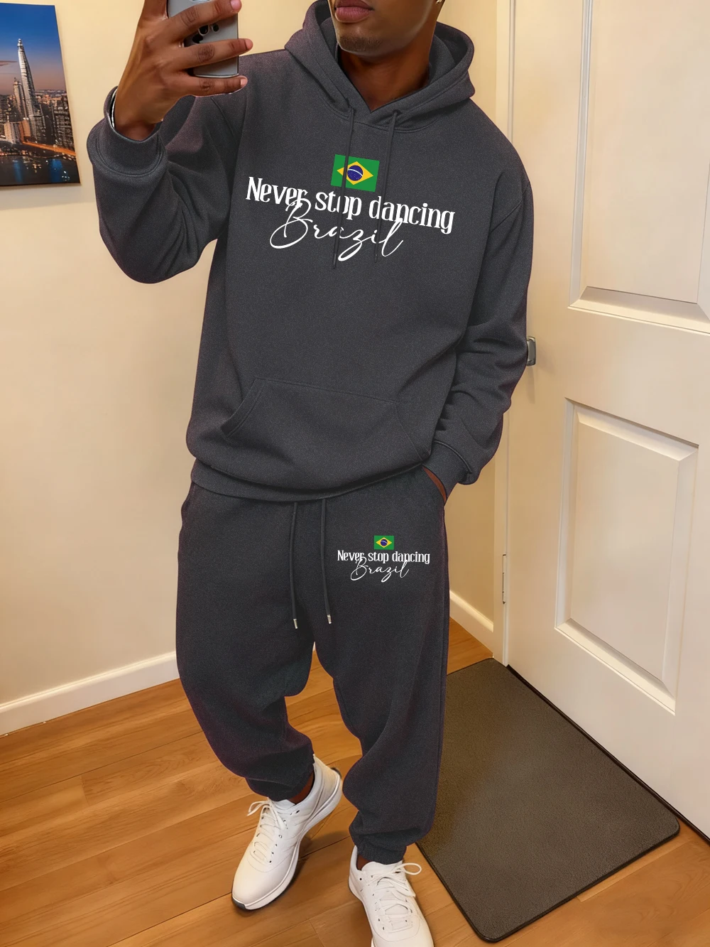 

2 Pcs Hoodies Set Mens Never Stop Danceing Brazil Prints Sweatpants Autumn Loose Fleece Jogging Outfits Casual Pocket Clothes