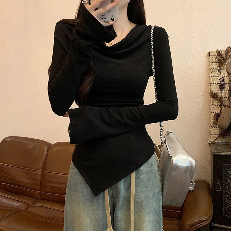 Sexy Slash Neck Long Sleeve T Shirt Women Autumn Korean Slim Casual Bottoming Tops Fashion One Shoulder All Match Ladies Tees