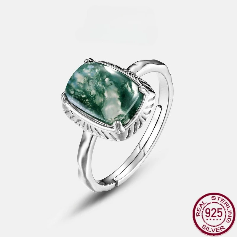 

New S925 pure silver natural water grass agate green moss open finger ring fashionable and simple wedding jewelry