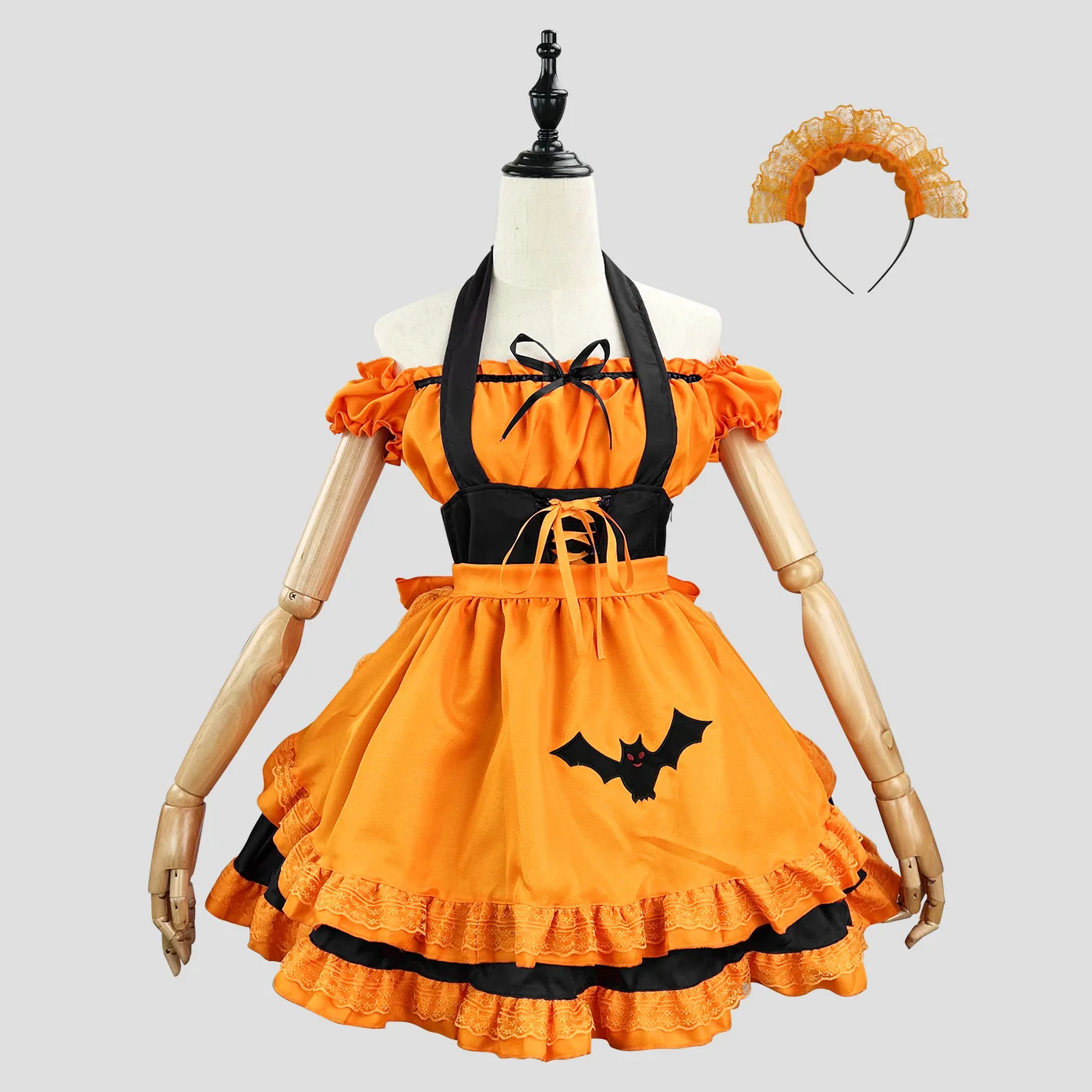 Kawaii Lolita Anime Girls Halloween Cosplay Maid Uniform Set Slash Neck Off Shoulder Flounce Sleeve Pumpkin Dress Role Play Gift