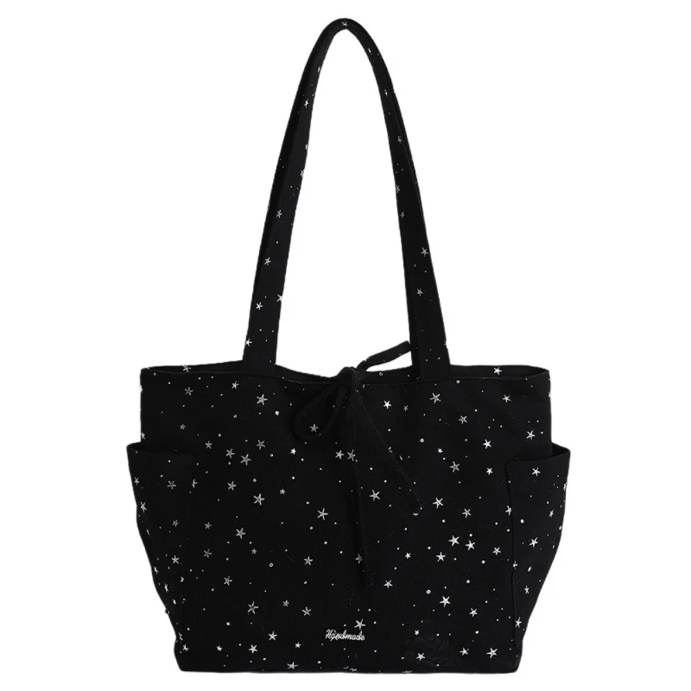 Retro Korean Style Polka Dot Shoulder Bag Casual Large Capacity Bow Tote Bag Canvas Star Element Women Handbag Women