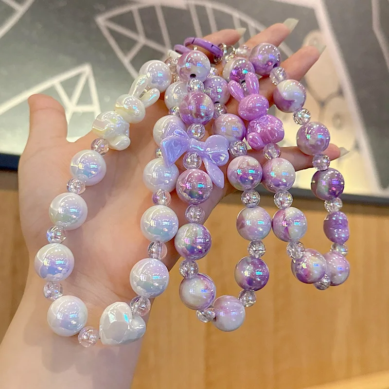 Phone Anti-lost Lanyard Key Short Wrist Pendant Colorful Macaron Bowknot And Round Bead Pendant Women\'s Hand-held Chain Mobile P