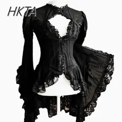 Lolita Inside Dark Black Goth Y2k Top Women Girls Black Slim Fit Elegant Court Lace Horn Long Sleeve Shirt Female Blusa Feminina