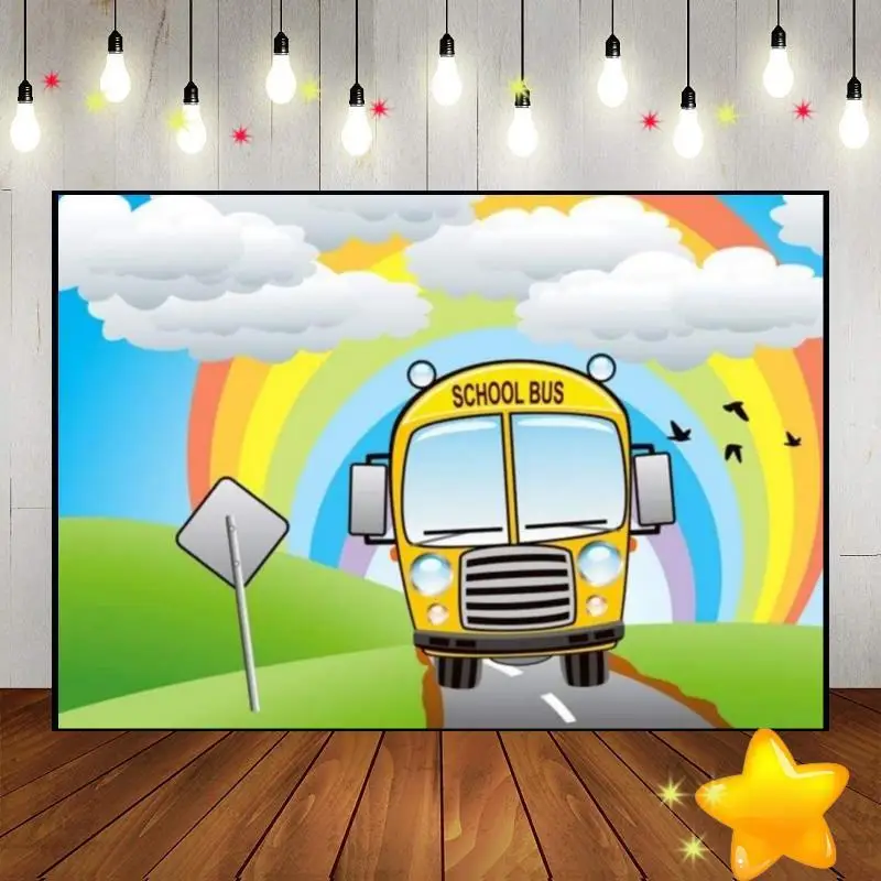 School Bus Yellow Wheels Bus Kindergarten Background Freedom Custom Birthday Backdrop Decoration Party Photo Surprise Banner