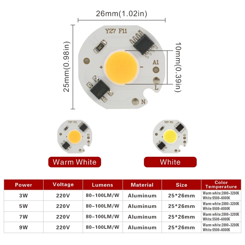 Puce COB LED 3W 5W 7W 10W 220V, 10 pièces/lot, IC intelligent, pas besoin de pilote, ampoule LED pour projecteur à large faisceau, éclairage à