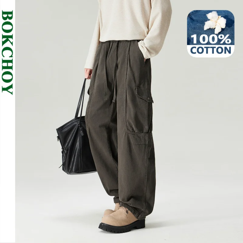 2026 Autumn New 100% Cotton Multi-pockets Cargo Pants for Men Clothing Straight Drawstring Solid Color Trousers GF268318