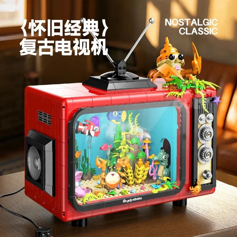 2025 New Aquarium TV Building Kit, Electric Mist Spray & LED Light Effects, Retro Themed Home Decor Gift for Adults &