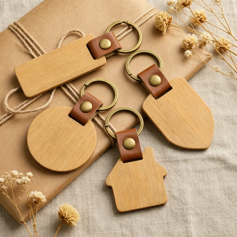 

Custom Name Wood Leather Keychain Laser Engrave Keyring Fashion Bag Car Rectangular Circular House Shield Pendant Unisex Gift