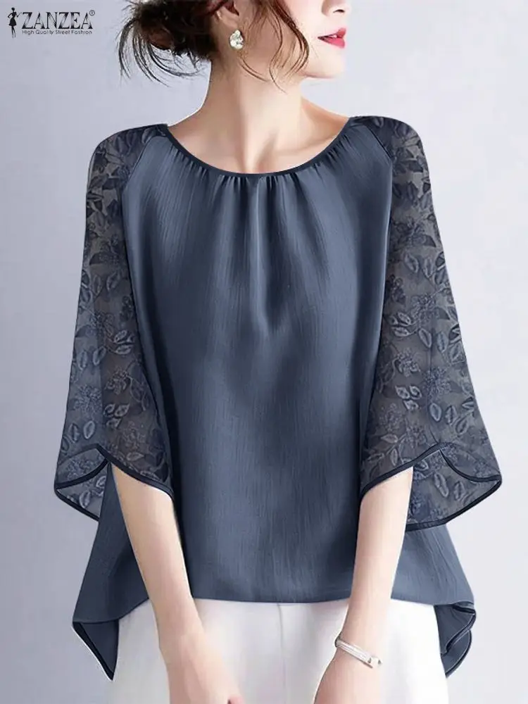 

Women Blouse Trend 2025 ZANZEA Autumn Lace Crochet Shirt Elegant 3/4 Sleeve Work Tops Casual O Neck Patchwork Blusas Tunic Femme