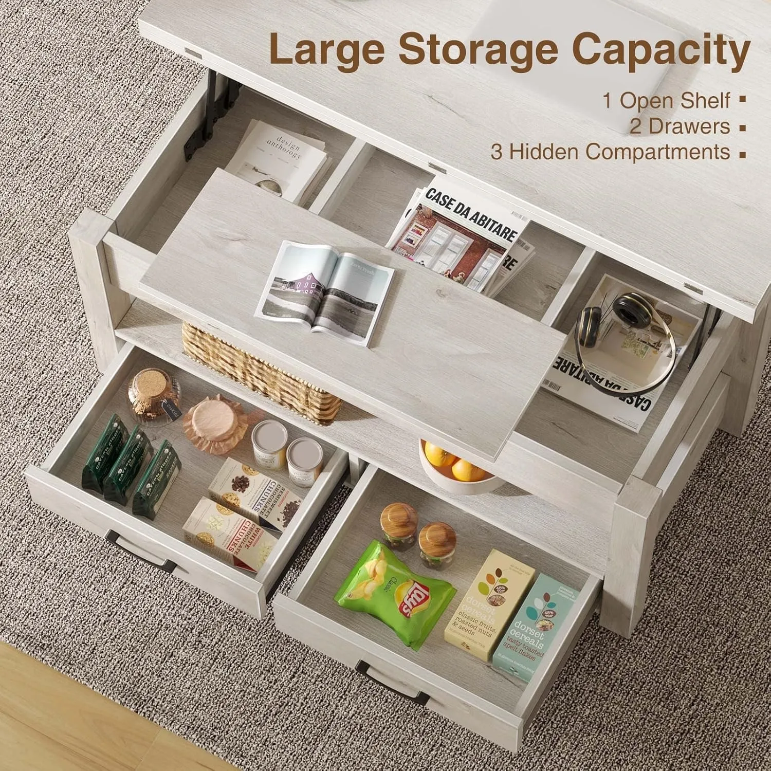 Coffee Table Lift Top, Multi-Function Convertible Coffee Table with Drawers and Hidden Compartment, Coffee Table Converts,Grey