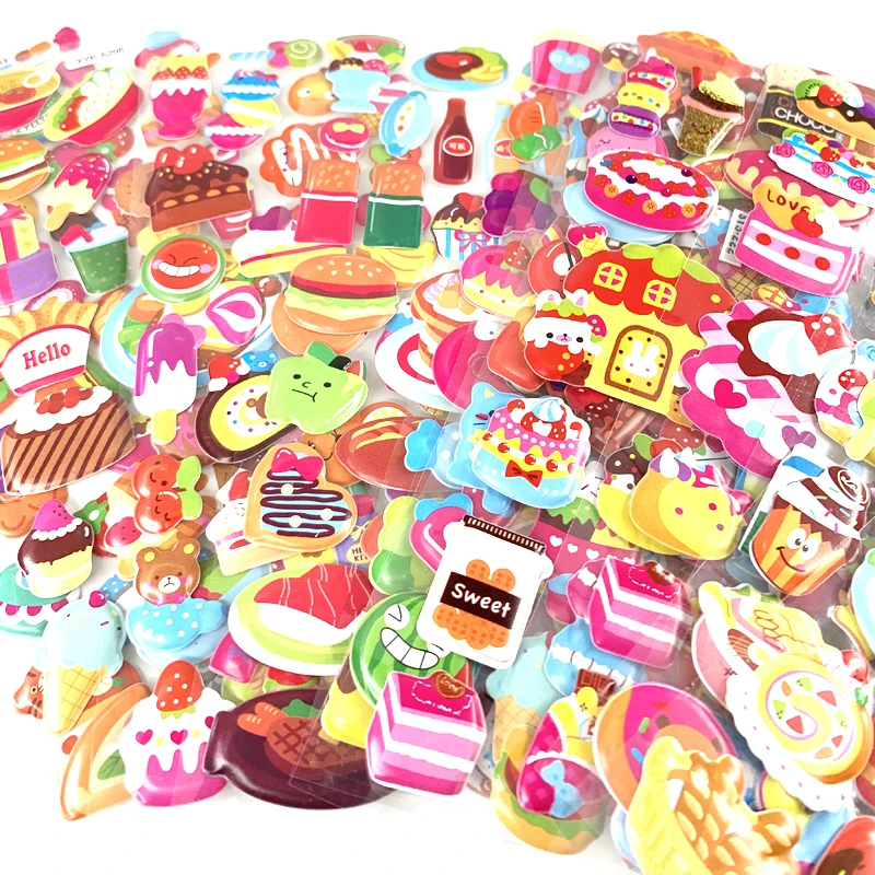 12 Sheets/Set Cartoon Bubble Stickers Burger Candy Cake Food Pattern Kids Cute Sticker for Children School Boy Girl Reward