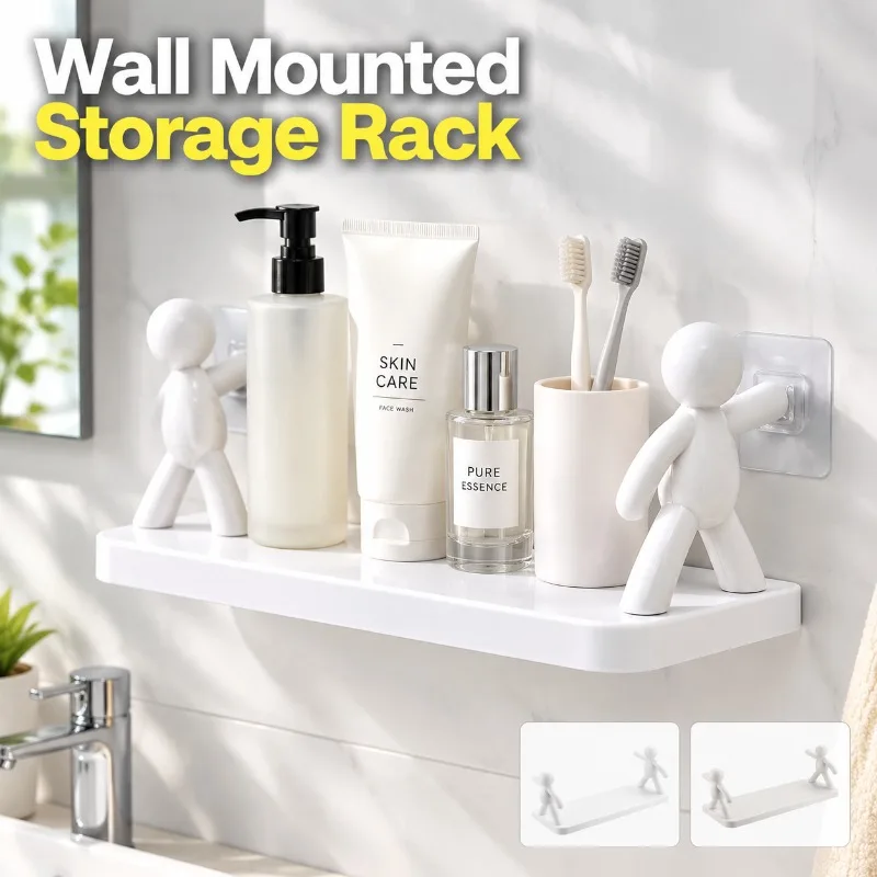 Wall Mounted Suction Cup Shelf, No Drill Bathroom Cosmetic Storage Rack, Kitchen Organizer for Toiletries and Mini Figure