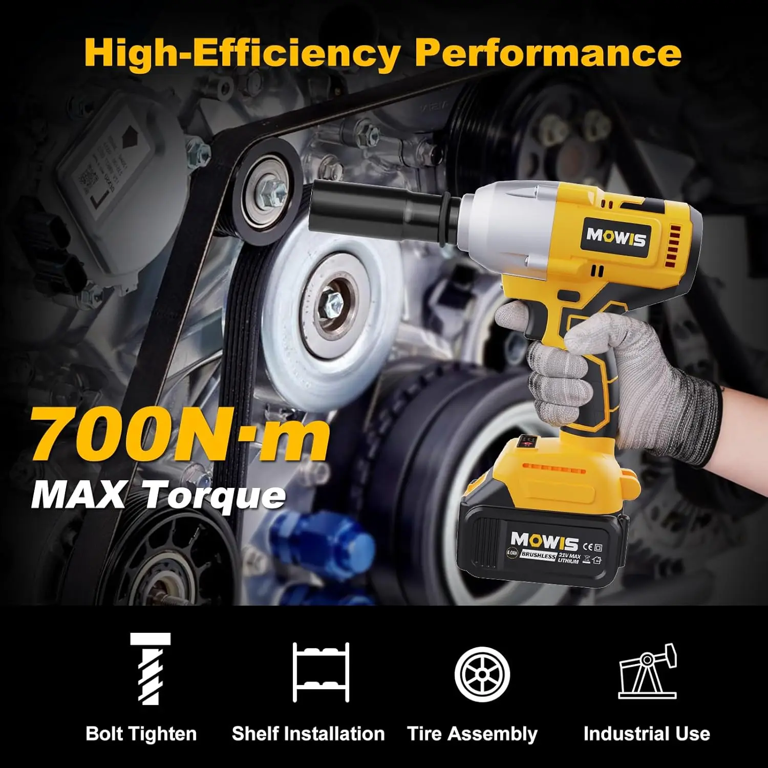 Mowis Cordless Impact Wrench 700Nm Brushless 1/2 Inch Impact Wrench, 4800Rpm, 4.0Ah Battery, Fast Charger, 4 Sockets, Tool Box,