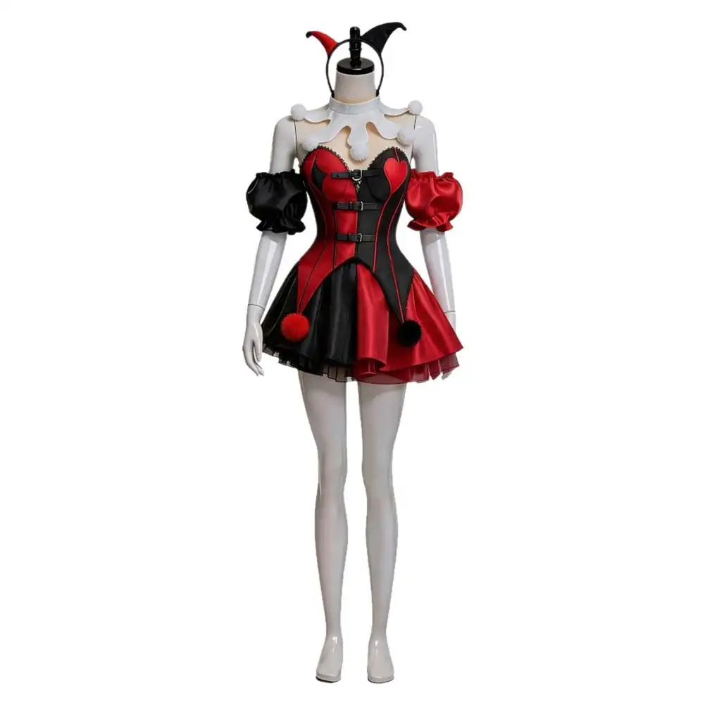Clown Vest Skirt Adult Women Cosplay Red Black Dress Carnival Costume Headpiece Neck Collar Outfits Halloween 2026 Party Suit view 4