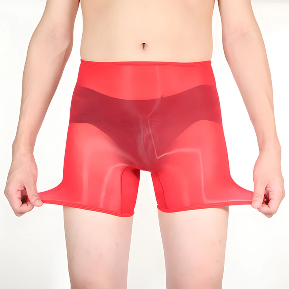 Men Solid Sexy Panties Oil Shiny Lingerie Stretch Shorts Sheer Underwear See Through Flats Gays Underpants