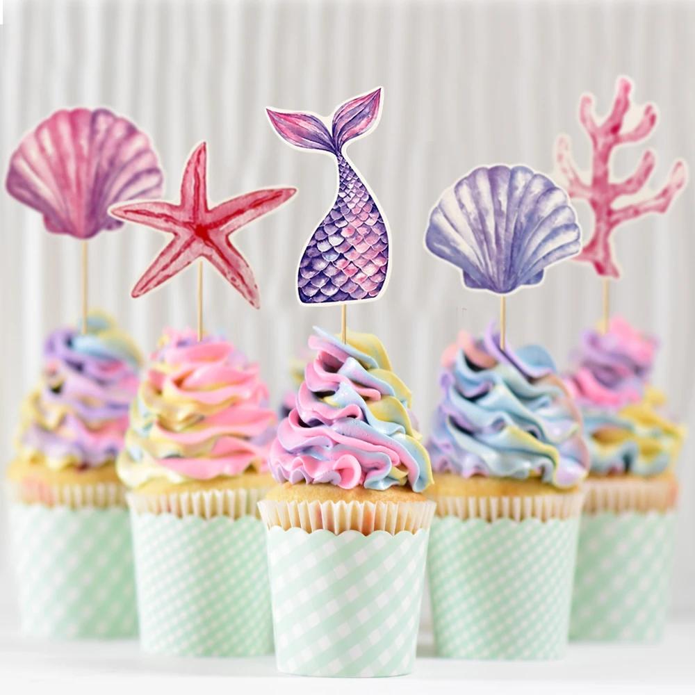 9pcs Mermaid Cake Toppers Purple Pink Mermaid Tail Sea Shell Coral Cupcake Toppers DIY Girls Mermaid Birthday Party Cake Decor