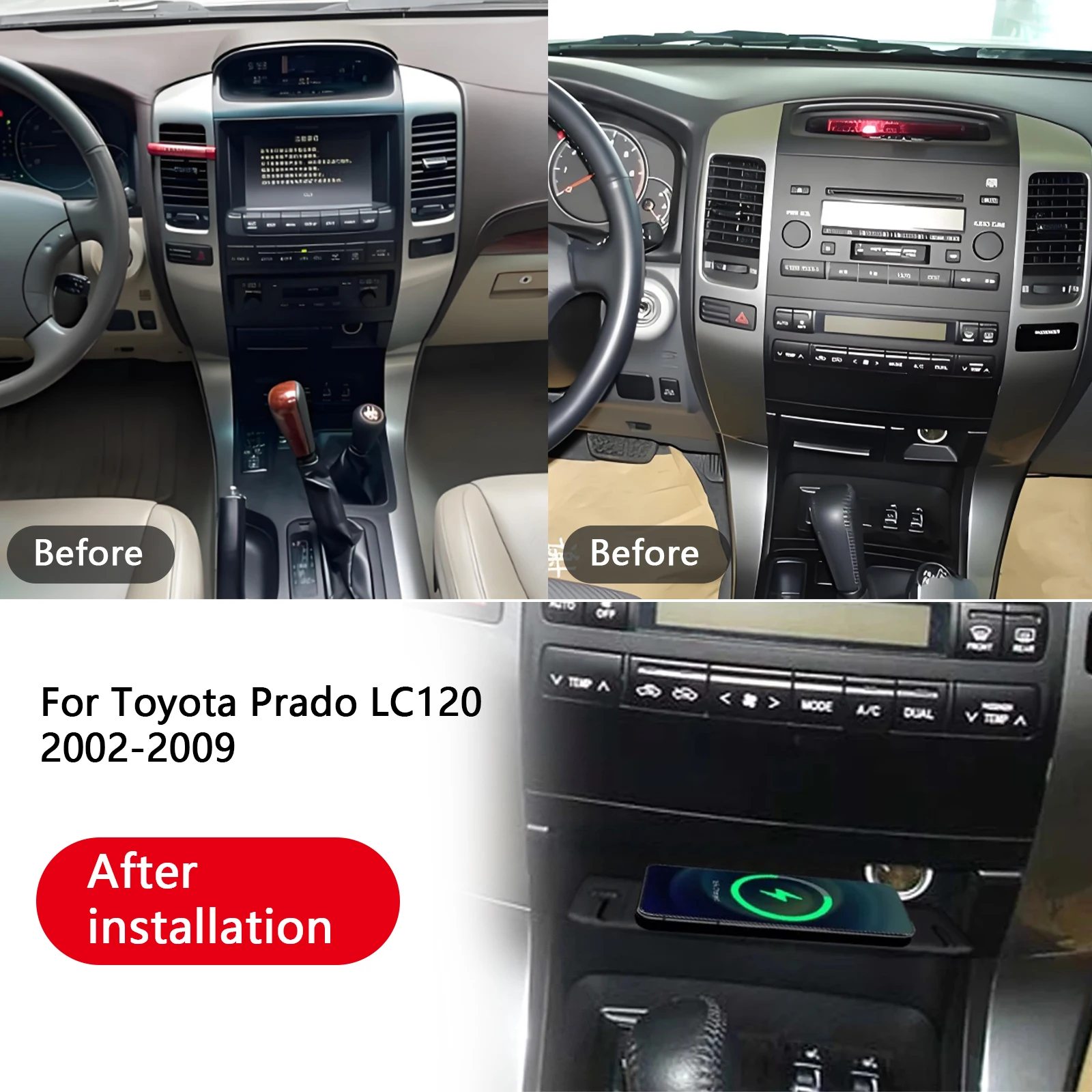 2 DIN For Toyota Land Cruiser Prado LC120 2002-2009 Car center console phone charger fast wireless charger plate charging holder