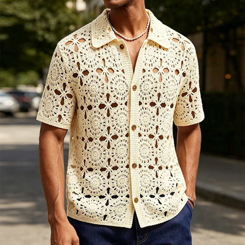 Vintage Crochet Florals Knit Shirts For Mens Summer Casual Breathable Hollow Out Shirt Men Fashion Short Sleeve Knitted Shirt
