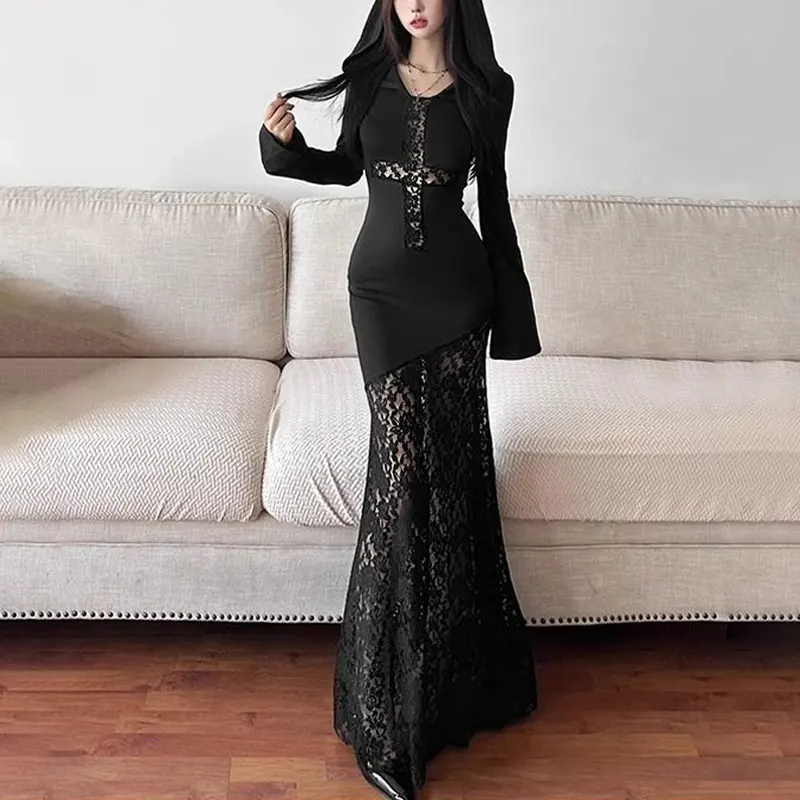 

Witch Halloween Lace Spliced Long Dress Spring Autumn Vintage Hooded Women's Clothing Fashion Hollow Out Slim Bag Hip Dresses