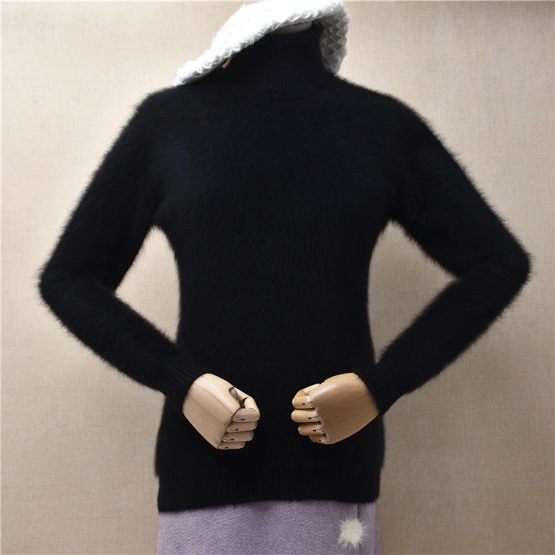 

Ladies Women Fall Winter Black Hairy Mink Cashmere Knitted Turtleneck Long Sleeves Slim Blouses Pullover Sweater Jumper Pull Top