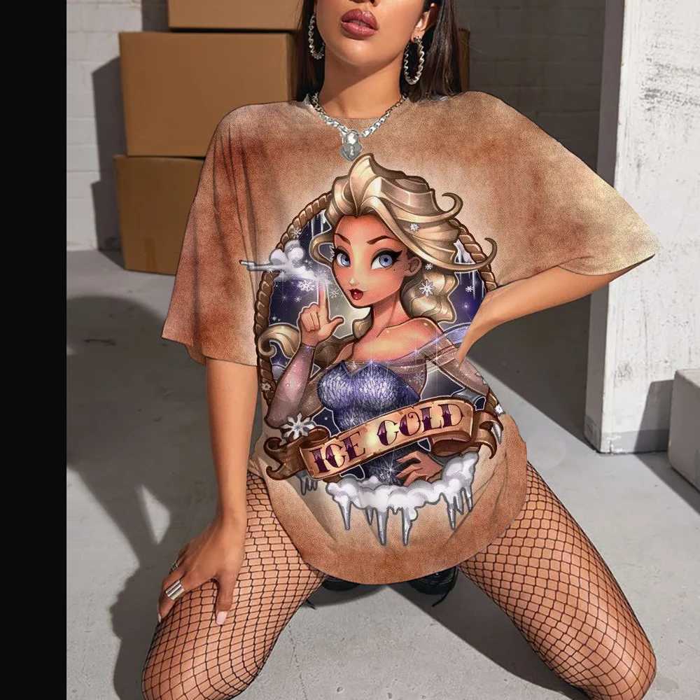 

Punk Tattoo Princess Elsa Anna Printed T-Shirt Cartoon Summer Street Style T-Shirt Fun Casual Women's O-Neck Loose T-Shirt