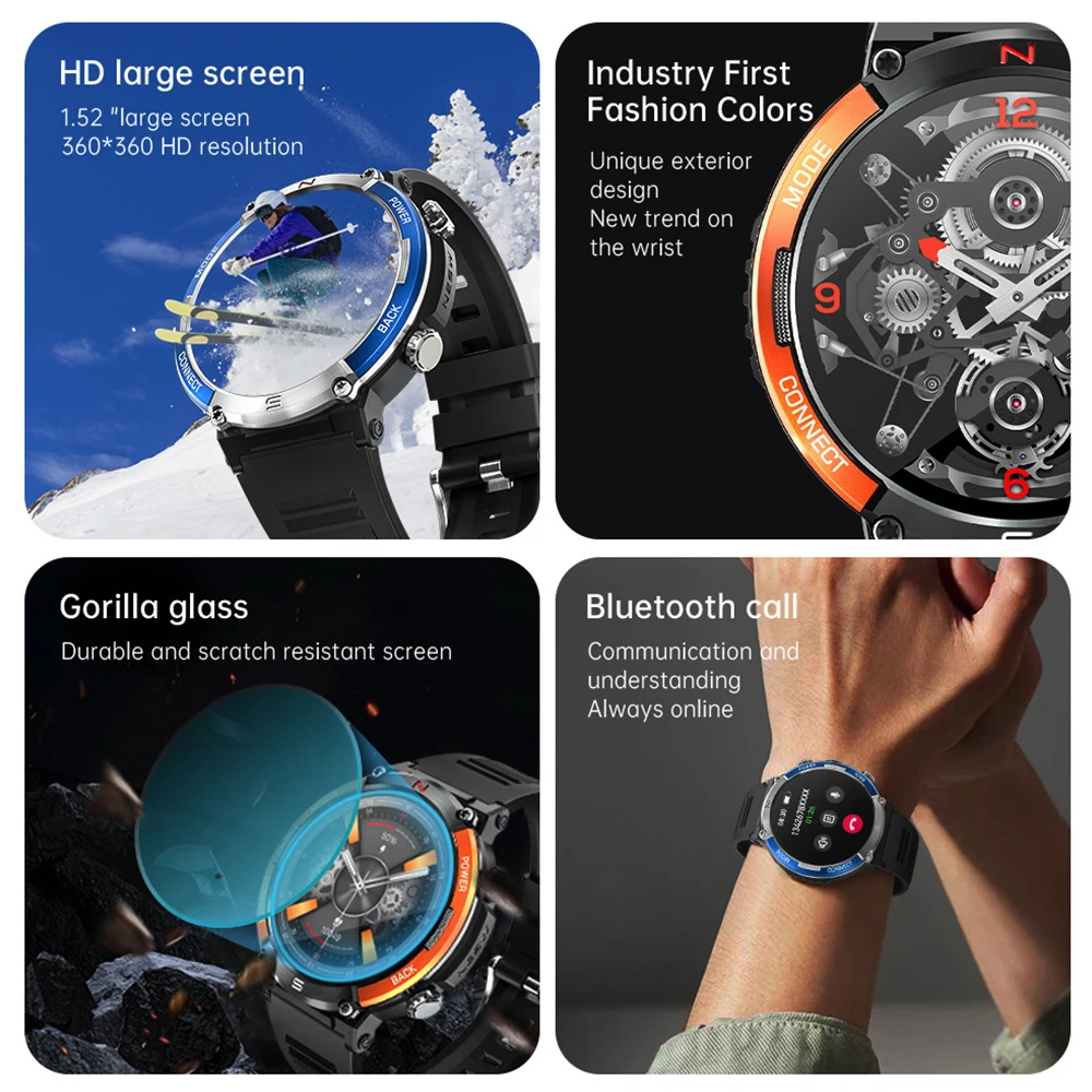 1,52-дюймовый 360*360 HD-экран Blue Tooth Call Смарт-часы Компас Обнаружение сердечного ритма и кислорода в крови 420 мАч Длительный режим ожидания Спорт