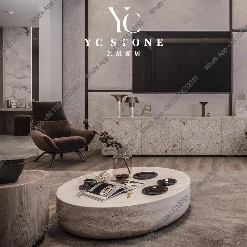 X65 Italian Minimalist Natural Yellow Travertine Round Coffee Table Designer Creative Art Retro Style Living Room Coffee Table