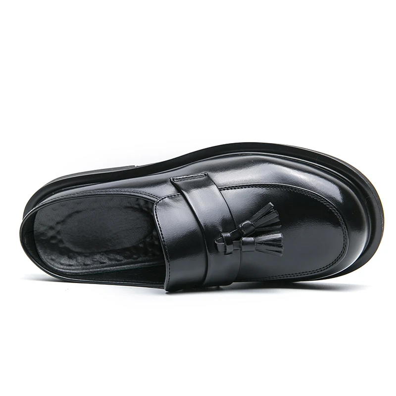 Men Fashion Tassel Shoes Black PU Thick Sole Anti slip One Step Step Business Brand Half Slippery Leather Shoes 38-46 Men Shoes