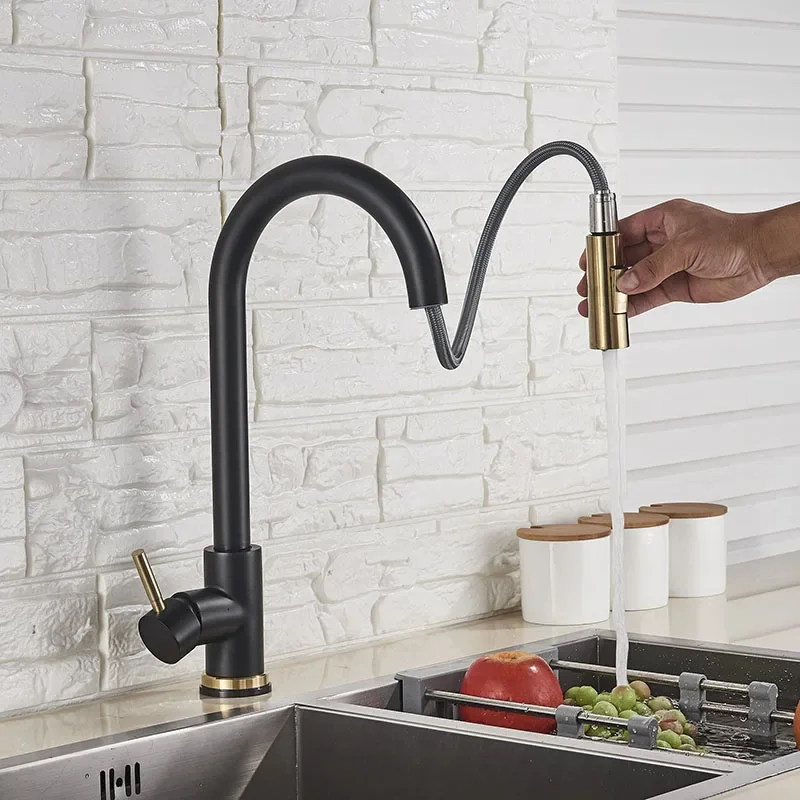  Brushed Golden Kitchen Faucet Rotatable Wall Mounted Pull Out Sprinkler Stream & Sprayer Spout Hot Cold Water Mixer Tap