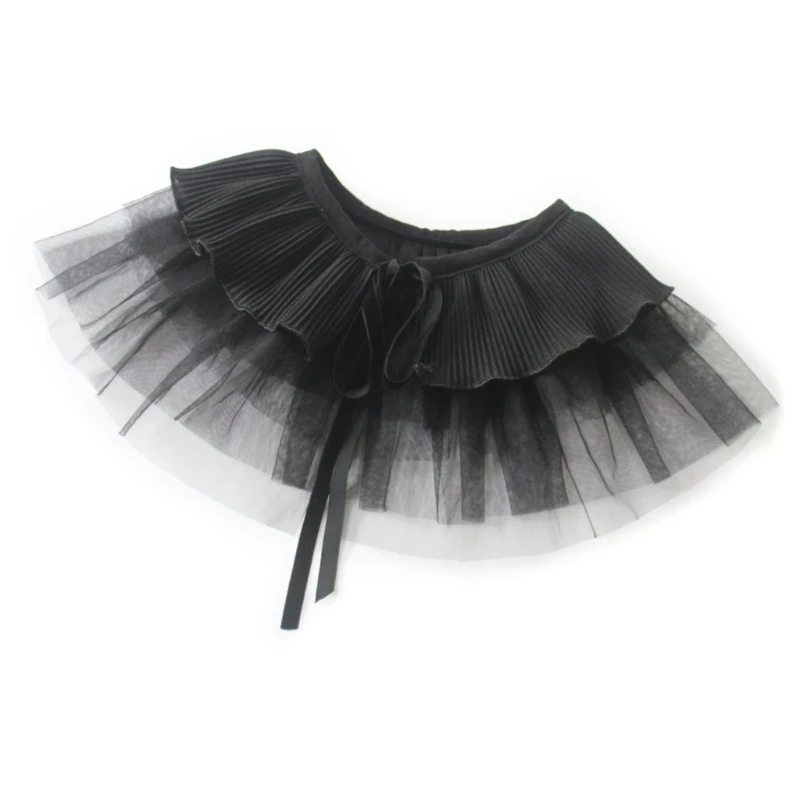 Womens Layered Ruffle Mesh Detachable False Collar Ribbed Knit Splicing Shawl Wrap Scarf Lace-Up Bowknot Capelet Shrugs