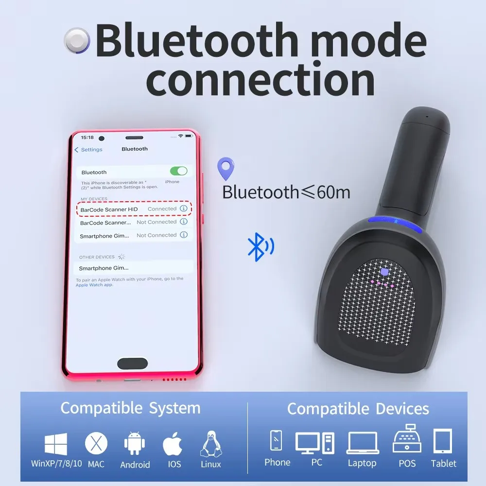 Wireless Bluetooth Barcode Scanner 2D/QR/1D Pocket Size for Warehouse Retail Logistics Charging Base Included