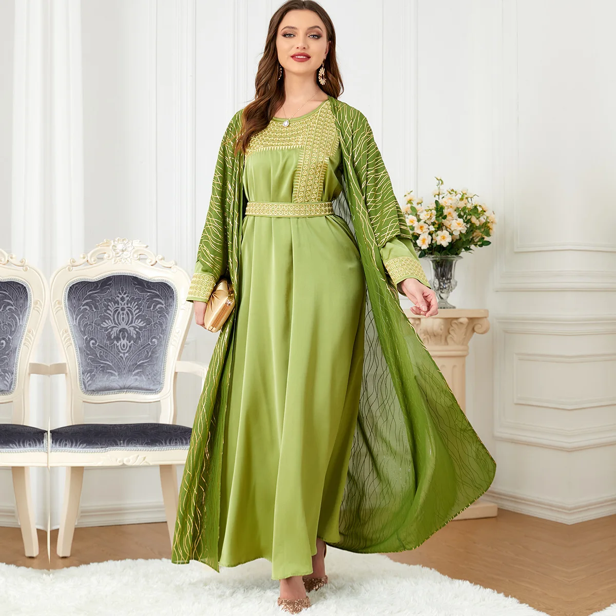 

Muslim Fashion Chic and Elegant Luxury Woman Dress 2024 O-Neck Long Dresses 2 Piece Sets Embroidery Belted Kaftan Ramadan