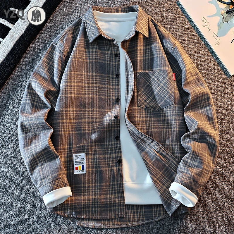 Men Loose Plaid Long Sleeve Blouse Classic Check Pattern Chest Pocket Small Tag Decor Spring Autumn Outer Shirt