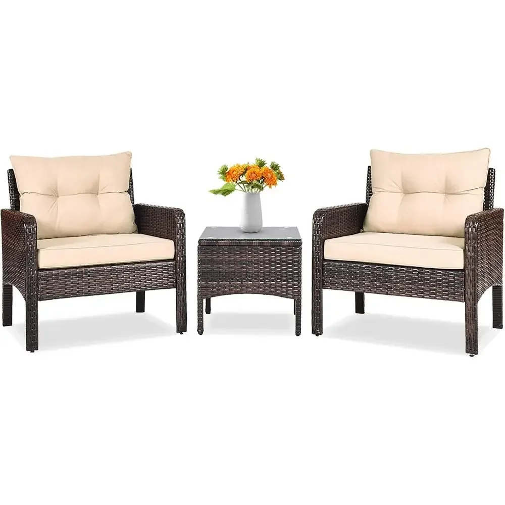 3-Piece Outdoor Patio Furniture Set: Wicker Chairs with Glass Top Coffee Table, Thick Cushions, Weather-Resistant for Garden, La