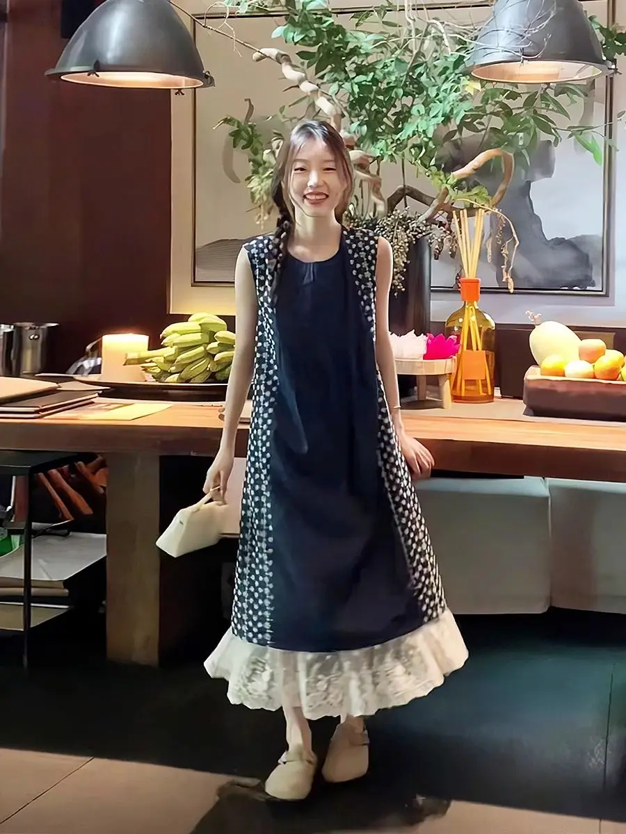 

Vintage Spliced Lace Dress for Women, Spring and Summer Loose Design, Elegant Sleeveless Long Dress