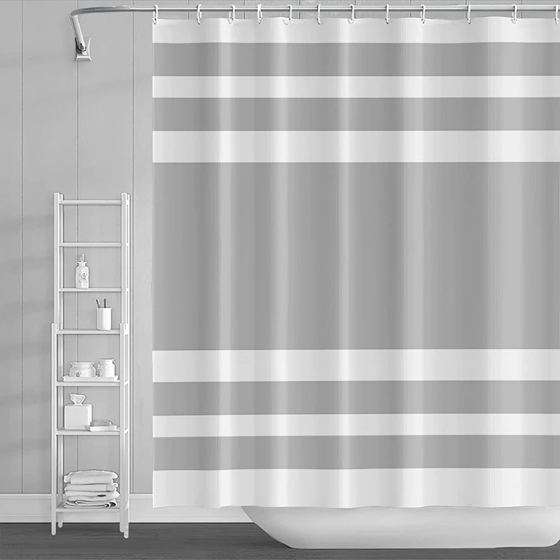 Inyahome White Grey Shower Curtain for Bathroom Boho Shower Curtain Cloth with Hooks Bohemian Stripe Fabric Shower Curtains