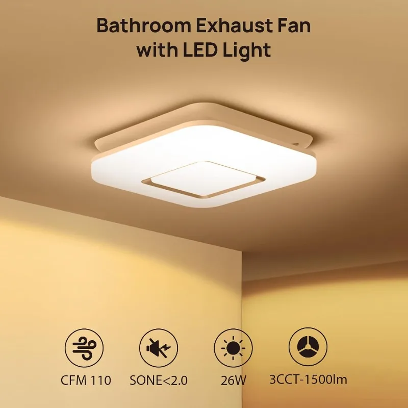 OREiN Bathroom Exhaust Fan with Light,110 CFM 2.0 Sones,27W Bathroom Fan withLight,1500lm LED Light 3000K/4000K/5000K Selectable