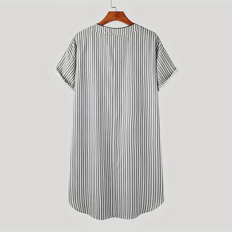 Muslim Thin Short Sleeved Robe With Middle Eastern Arabic Stripes V-neck Button Casual Loose Fitting Nightgown