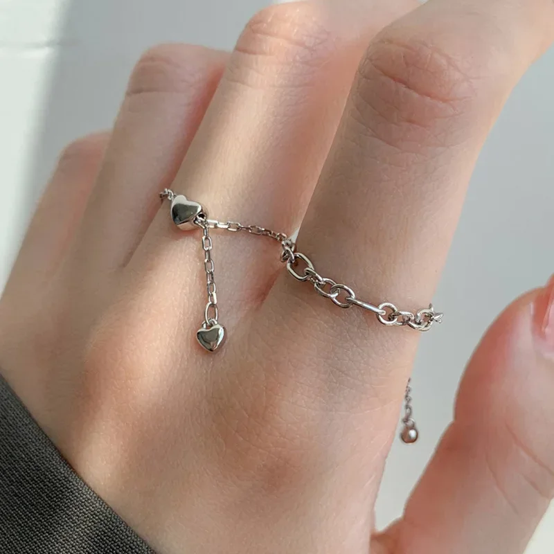 MEETSOFT 925 Silver Cute Heart Chain Adjustable Rings for Women Fine Jewelry Minimalist Accessories Can Be As Gifts