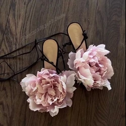 Black Big Rose Flower Decor Sandals Lace-up Stiletto High Heel Strappy Fashion Sexy Women Shoes 2024 Summer Zapatos Para Mujere