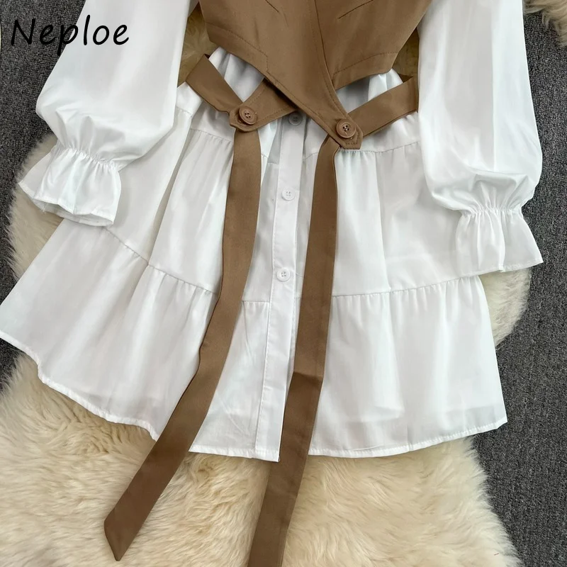 Neploe Turn Down Collar Long Sleeve Single-breasted Dress Suit+solid Color Sleeveless Vest Top Outfits Korean Chic 2pcs Set