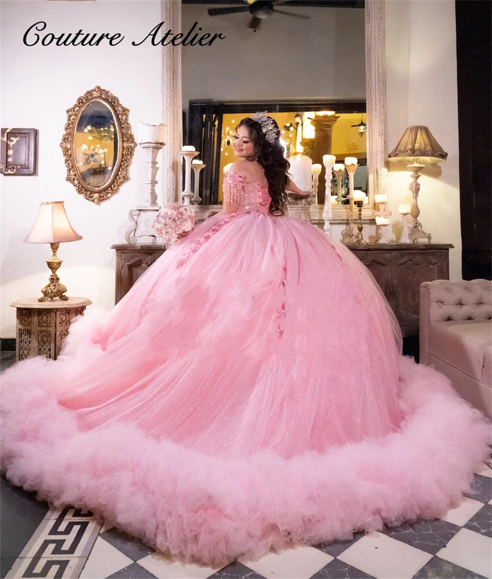 Light Pink Tassels Quinceanera Dresses Puffy Ball Gown Off Shoulder Birthday Lace Up Sweet 15 16 Dress vestido de Customized