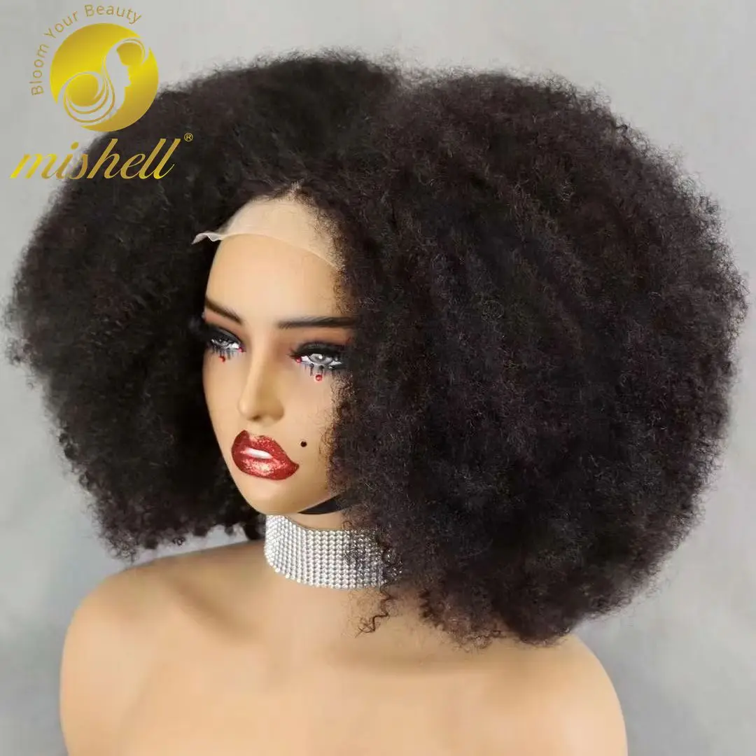 300% Density Afro Kinky Curly Human Hair Wigs 16inch 4x4 Lace Closure Short Natural Curly Bob Wigs Wigs with Baby Hair for Women