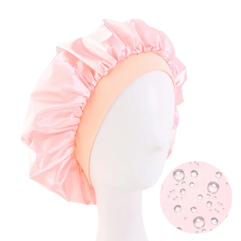 2025 Satin Sleeping Cap Night Hat  for Women Wide Elastic Band Shower Caps for Natural Long Curly Hair Bathroom Accessories