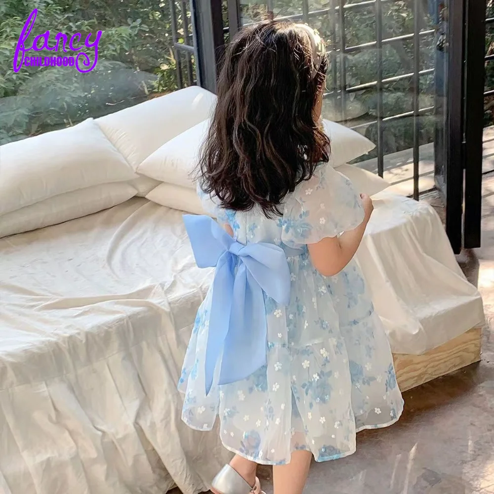 Summer Lace Princess Dress with Back Bow Toddler Girls Clothes Kids Dresses Puff Sleeve Wedding Evening Dress for Children